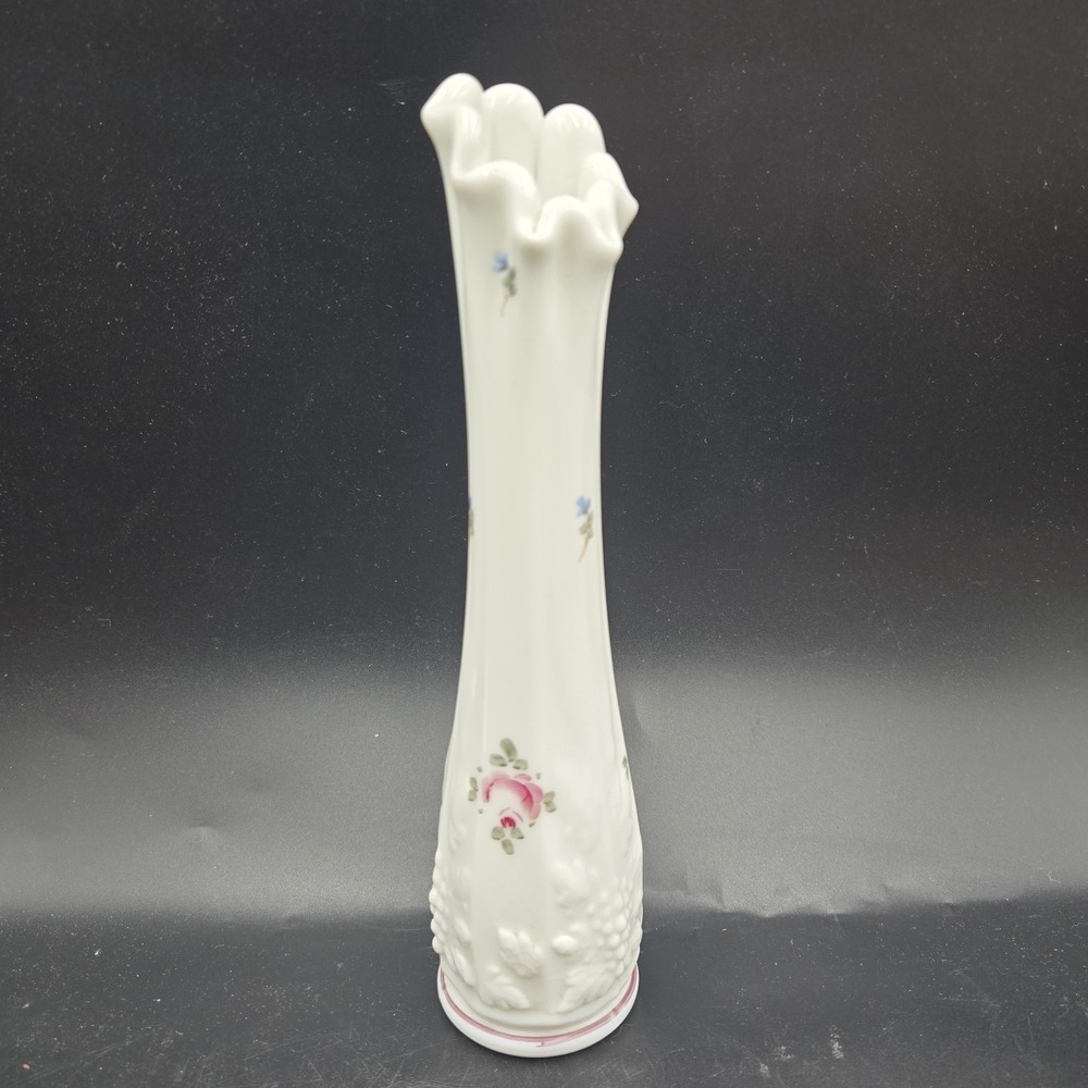 Vintage Westmoreland Milk Glass Swung Bud Vase Hand Painted Roses Paneled Grape